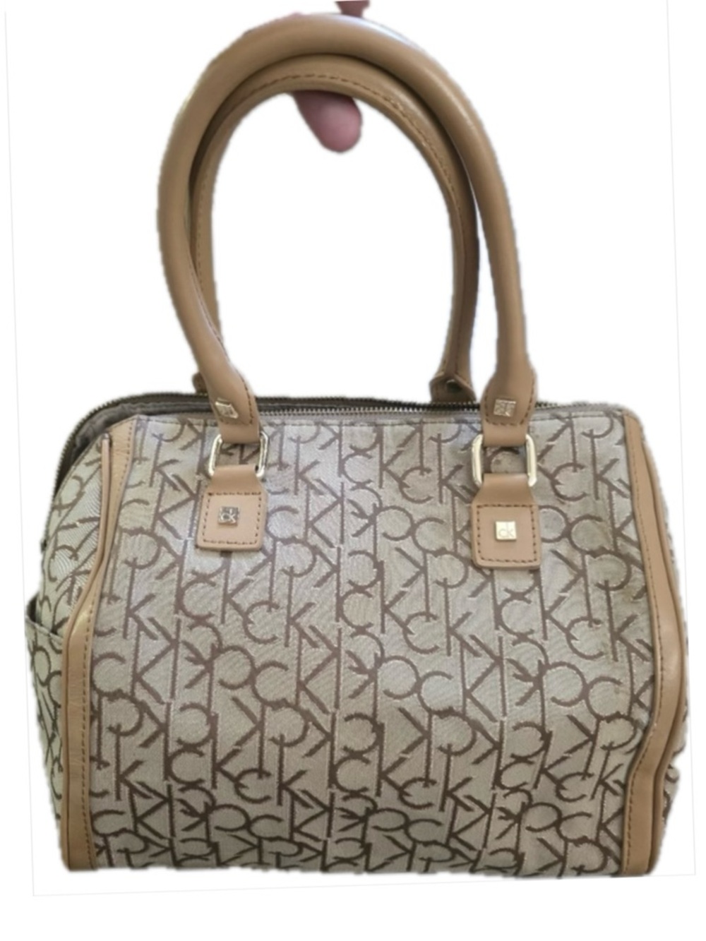 CK Calvin Klein Monogram Boston Bag Satchel in Beige and Tan Canvas EUC!!